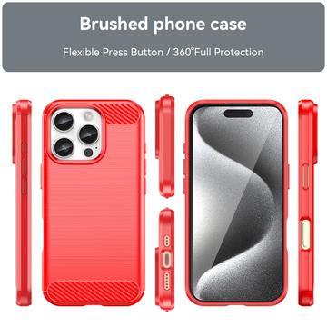 iPhone 16 Pro Max Børstet TPU Cover - Karbonfiber - Rød