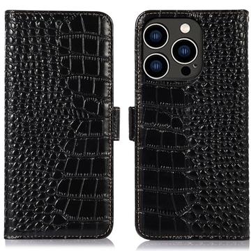iPhone 16 Pro Max Crocodile Series Læderpung med RFID - Sort