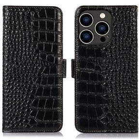 iPhone 16 Pro Max Crocodile Series Læderpung med RFID - Sort