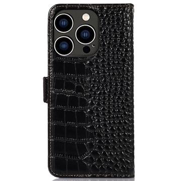 iPhone 16 Pro Max Crocodile Series Læderpung med RFID - Sort