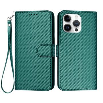 iPhone 16 Pro Max Premium Wallet-etui med rem - kulfiberstruktur - Kulstofgrøn