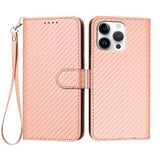 iPhone 16 Pro Max Premium Wallet-etui med rem - kulfiberstruktur - Kulstoflyserød