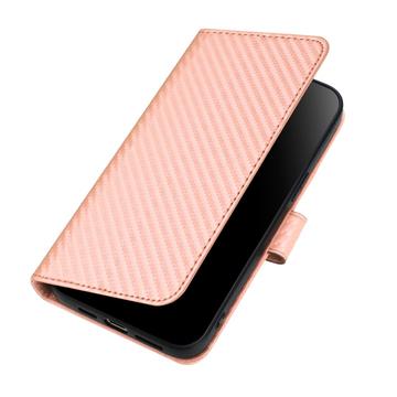 iPhone 16 Pro Max Premium Wallet-etui med rem - kulfiberstruktur - Kulstoflyserød