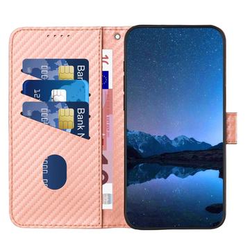 iPhone 16 Pro Max Premium Wallet-etui med rem - kulfiberstruktur - Kulstoflyserød