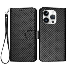 iPhone 16 Pro Premium Wallet-etui med rem - kulfiberstruktur - kulsort