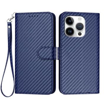 iPhone 16 Pro Premium Wallet-etui med rem - kulfiberstruktur - Kulstofblå