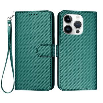 iPhone 16 Pro Premium Wallet-etui med rem - kulfiberstruktur - Kulstofgrøn