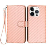 iPhone 16 Pro Premium Wallet-etui med rem - kulfiberstruktur - Kulstoflyserød