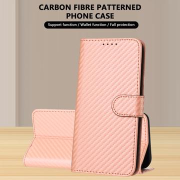iPhone 16 Pro Premium Wallet-etui med rem - kulfiberstruktur - Kulstoflyserød
