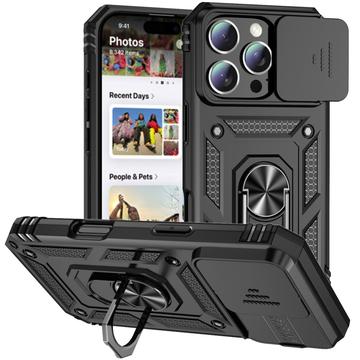 iPhone 16 Pro Roterende Ring Hybrid Cover med Kameraskjold - Sort
