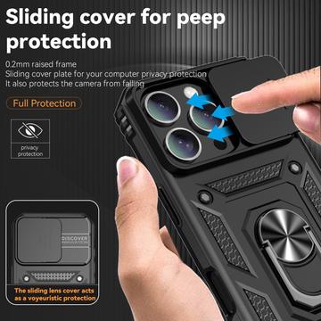 iPhone 16 Pro Roterende Ring Hybrid Cover med Kameraskjold - Sort