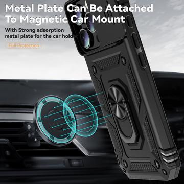 iPhone 16 Pro Roterende Ring Hybrid Cover med Kameraskjold - Sort