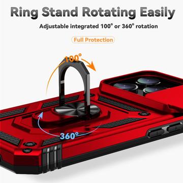 iPhone 16 Pro Roterende Ring Hybrid Cover med Kameraskjold - Rød