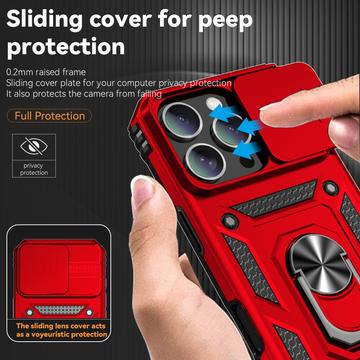 iPhone 16 Pro Roterende Ring Hybrid Cover med Kameraskjold - Rød