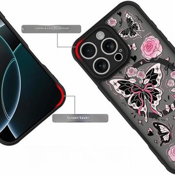 iPhone 16 Pro Stilfuldt beskyttende magnetisk cover - sommerfugle / roser