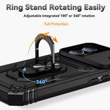 iPhone 16 Roterende Ring Hybrid Cover med Kameraskjold - Sort