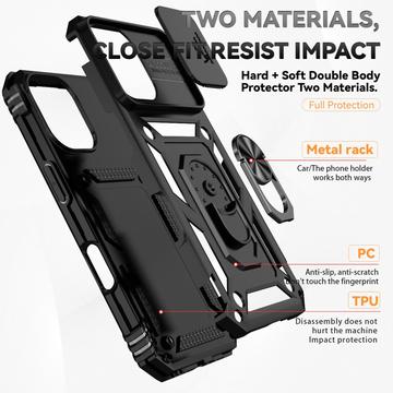 iPhone 16 Roterende Ring Hybrid Cover med Kameraskjold - Sort