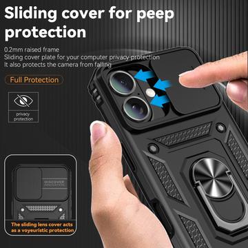 iPhone 16 Roterende Ring Hybrid Cover med Kameraskjold - Sort