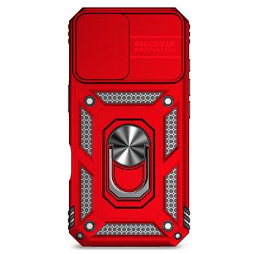 iPhone 16 Roterende Ring Hybrid Cover med Kameraskjold - Rød