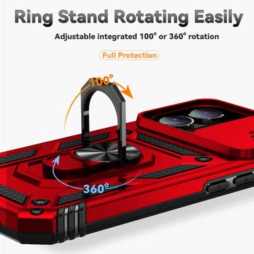 iPhone 16 Roterende Ring Hybrid Cover med Kameraskjold - Rød