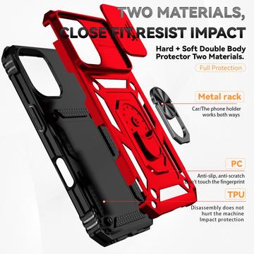 iPhone 16 Roterende Ring Hybrid Cover med Kameraskjold - Rød