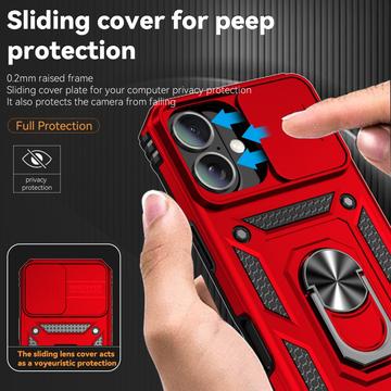 iPhone 16 Roterende Ring Hybrid Cover med Kameraskjold - Rød