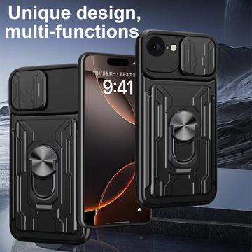 iPhone 16e/17e Roterende Ring Hybrid Cover med Kameraskjold - Sort