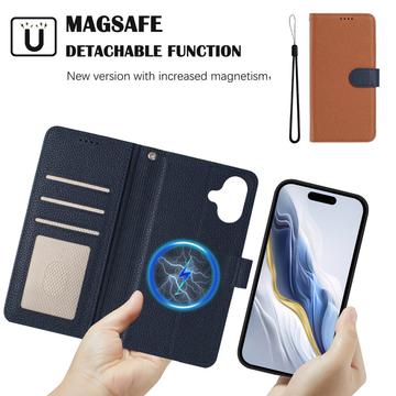 iPhone 17 aftageligt pungetui med MagSafe, RFID-beskyttelse og håndrem - brun / blå