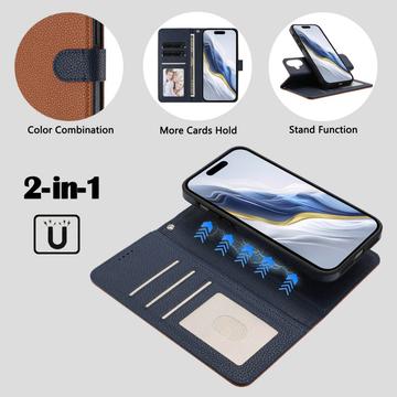 iPhone 17 aftageligt pungetui med MagSafe, RFID-beskyttelse og håndrem - brun / blå