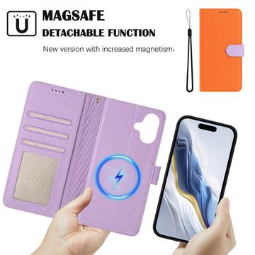 iPhone 17 aftageligt pungetui med MagSafe, RFID-beskyttelse og håndrem - orange / lilla