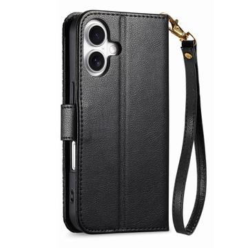 iPhone 17 Pungetui med blomster- og bladmønster med lynlåslomme og håndledsrem - Sort