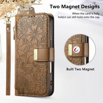iPhone 17 Pungetui med blomster- og bladmønster med lynlåslomme og håndledsrem - Brun