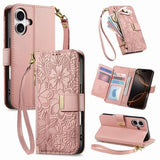 iPhone 17 Pungetui med blomster- og bladmønster med lynlåslomme og håndledsrem - Pink