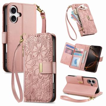 iPhone 17 Pungetui med blomster- og bladmønster med lynlåslomme og håndledsrem - Pink
