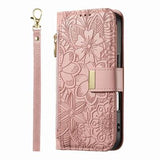 iPhone 17 Pungetui med blomster- og bladmønster med lynlåslomme og håndledsrem - Pink