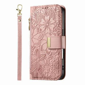 iPhone 17 Pungetui med blomster- og bladmønster med lynlåslomme og håndledsrem - Pink