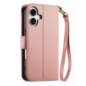 iPhone 17 Pungetui med blomster- og bladmønster med lynlåslomme og håndledsrem - Pink