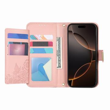 iPhone 17 Pungetui med blomster- og bladmønster med lynlåslomme og håndledsrem - Pink