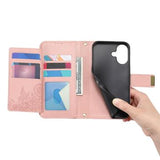 iPhone 17 Pungetui med blomster- og bladmønster med lynlåslomme og håndledsrem - Pink