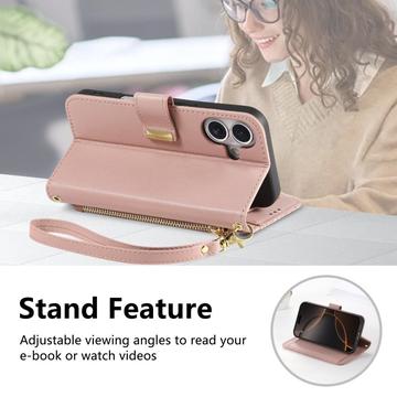 iPhone 17 Pungetui med blomster- og bladmønster med lynlåslomme og håndledsrem - Pink