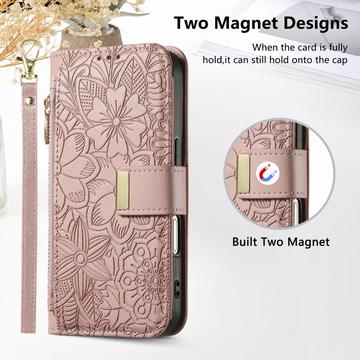 iPhone 17 Pungetui med blomster- og bladmønster med lynlåslomme og håndledsrem - Pink