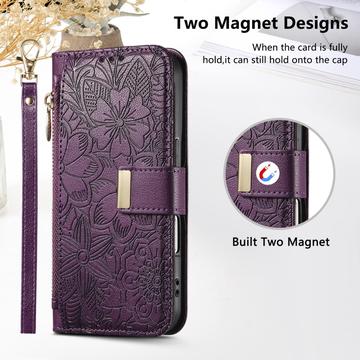 iPhone 17 Pungetui med blomster- og bladmønster med lynlåslomme og håndledsrem - Lilla