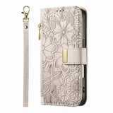 iPhone 17 Pungetui med blomster- og bladmønster med lynlåslomme og håndledsrem - hvid