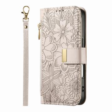iPhone 17 Pungetui med blomster- og bladmønster med lynlåslomme og håndledsrem - hvid