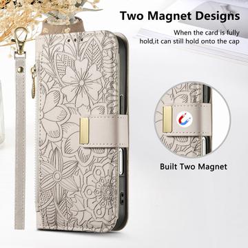 iPhone 17 Pungetui med blomster- og bladmønster med lynlåslomme og håndledsrem - hvid