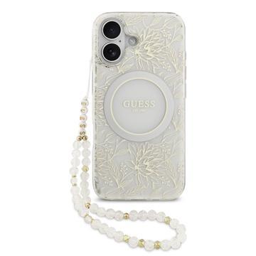 iPhone 17 Guess IML Flowers Allover Electro Cover med Perlestrop - MagSafe-kompatibel - Hvid