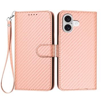 iPhone 17 Premium Wallet-etui med rem - kulfiberstruktur - Kulstoflyserød