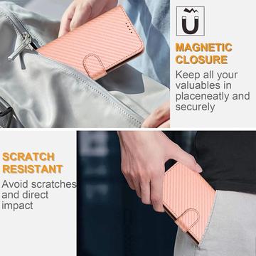 iPhone 17 Premium Wallet-etui med rem - kulfiberstruktur - Kulstoflyserød