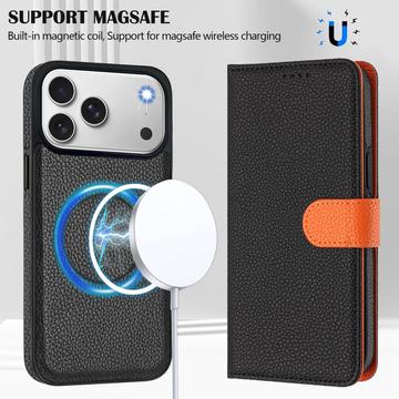 iPhone 17 Pro aftageligt pungetui med MagSafe, RFID-beskyttelse og håndrem - sort / orange