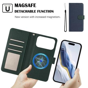 iPhone 17 Pro aftageligt pungetui med MagSafe, RFID-beskyttelse og håndrem - blå / grøn